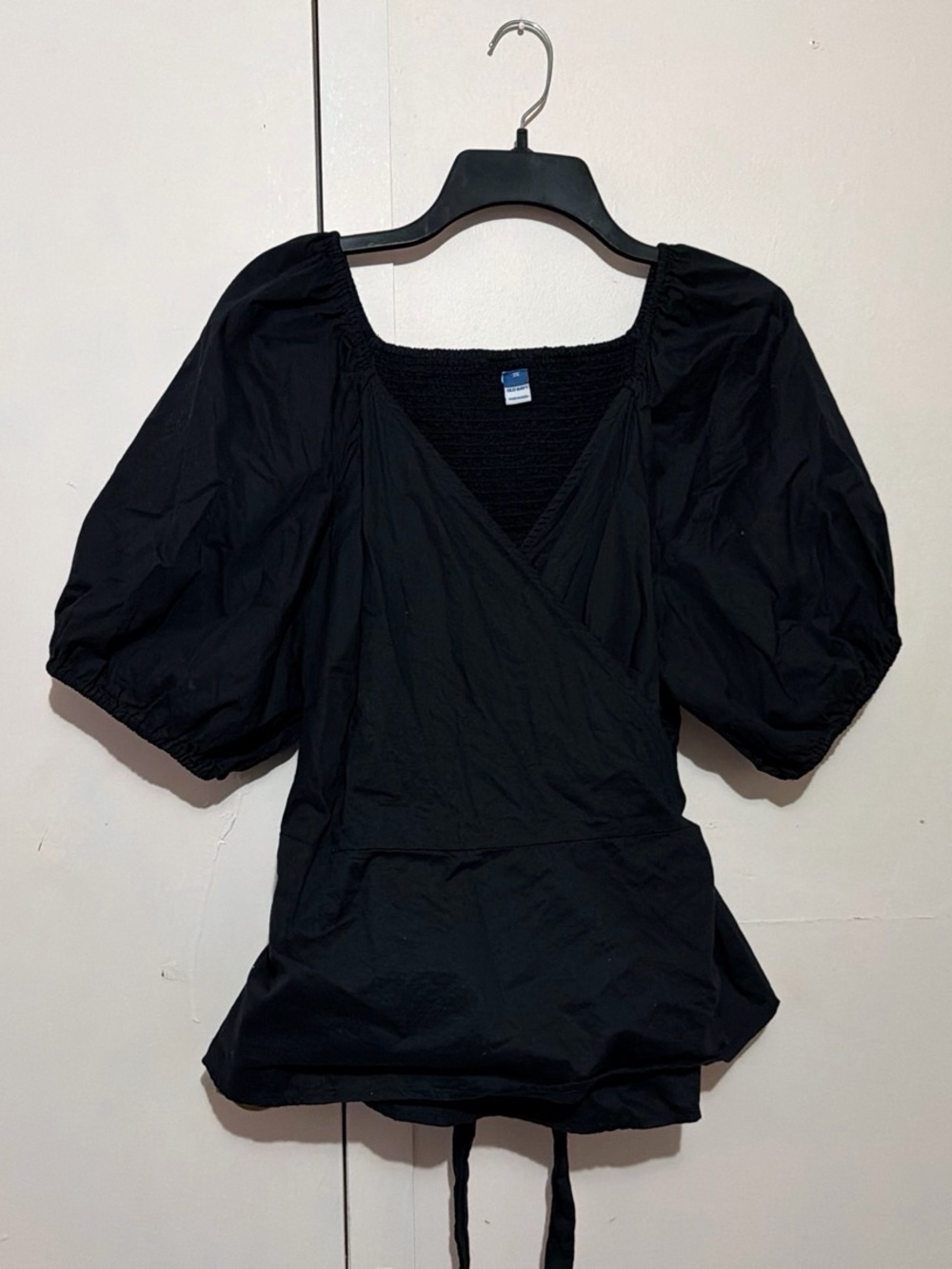 Black Smocked Wrap Puff Sleeve Blouse